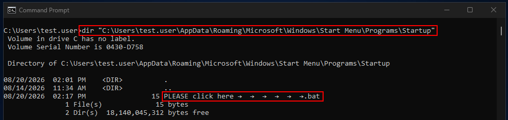 Figure 2: Malicious .bat file extracted into Windows Startup folder.
